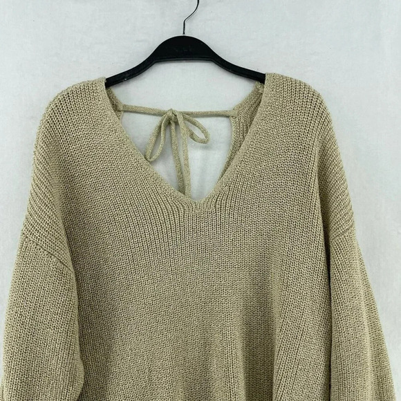 Loft Sweater Women's Sz 14 Plus Beige Knitted V-Neck Gold Metallic Tie-Back - Picture 6 of 12